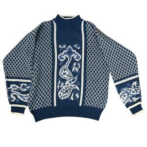 Vtg Lucia Acrylic Blue White Pullover Sweater Womens Large Geometric Cottage